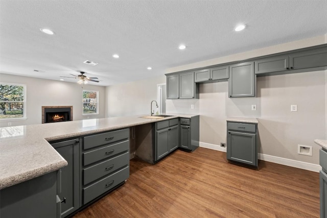 kitchen featuring gray cabinets, a healthy amount of sunlight, and dark wood-type flooring