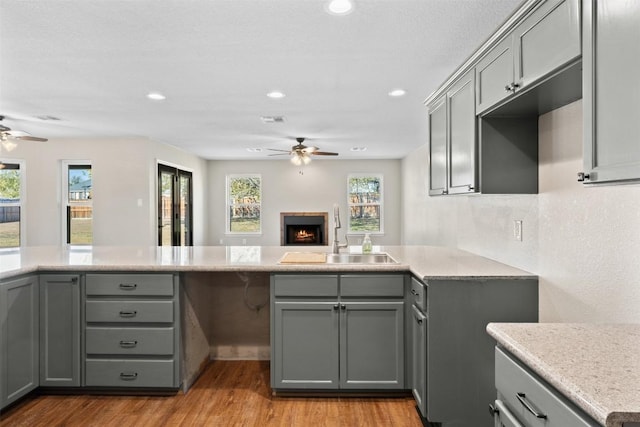 kitchen with gray cabinets, light hardwood / wood-style floors, sink, and a wealth of natural light