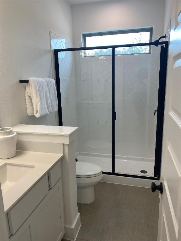 bathroom featuring vanity, toilet, and a shower with door