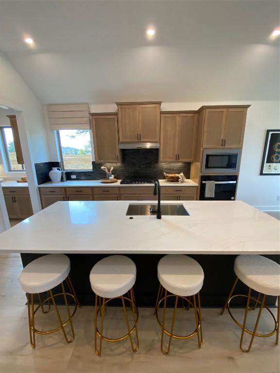 kitchen with a large island, sink, appliances with stainless steel finishes, and a breakfast bar area