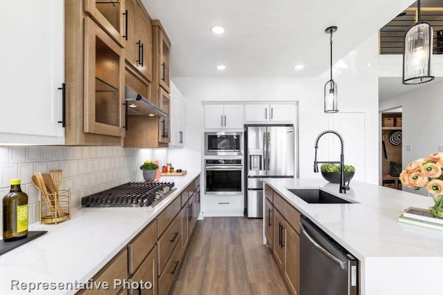 kitchen with appliances with stainless steel finishes, ventilation hood, sink, white cabinetry, and hanging light fixtures