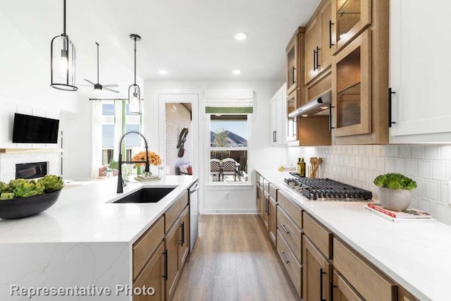 kitchen with sink, hanging light fixtures, light hardwood / wood-style flooring, ceiling fan, and appliances with stainless steel finishes