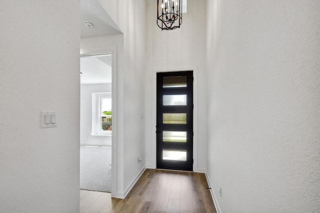 596 Biscayne Bay Bnd, Kyle, TX 78640 - foyer entrance featuring baseboards, wood finished floors, and a notable chandelier