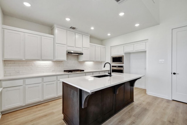 596 Biscayne Bay Bnd, Kyle, TX 78640 - kitchen featuring white cabinets, light wood-style flooring, a sink, tasteful backsplash, and appliances with stainless steel finishes