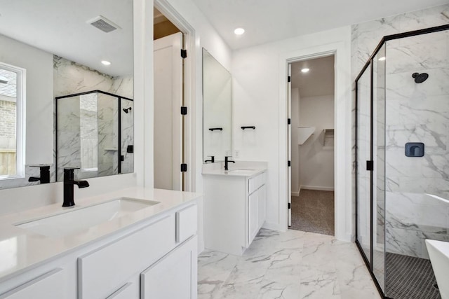 596 Biscayne Bay Bnd, Kyle, TX 78640 - full bath with a marble finish shower, a sink, visible vents, recessed lighting, and marble finish floor