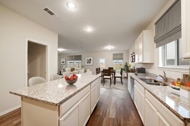 kitchen with white cabinetry, a kitchen island, dark wood-type flooring, and sink