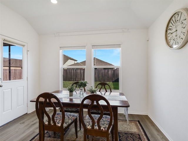 dining area featuring plenty of natural light, vaulted ceiling, and light hardwood / wood-style flooring