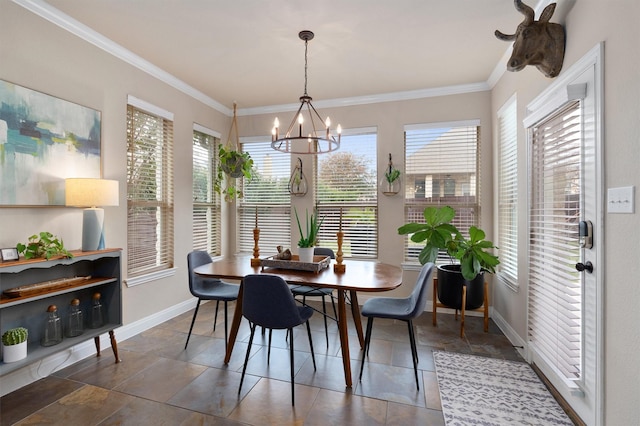 dining room with a notable chandelier and crown molding