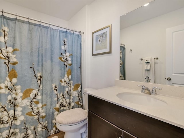 40 Trinity Cir, Lockhart, TX 78644 - bathroom featuring toilet, vanity, and a shower with shower curtain