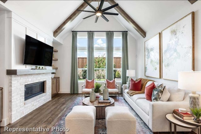 living room featuring dark hardwood / wood-style floors, lofted ceiling with beams, ceiling fan, and a brick fireplace