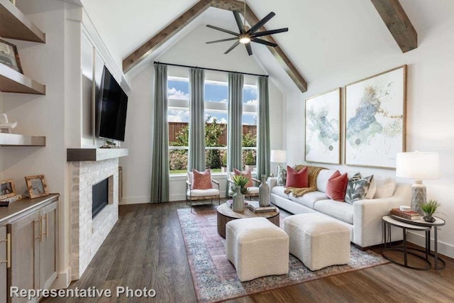 living room featuring a brick fireplace, ceiling fan, dark wood-type flooring, high vaulted ceiling, and beamed ceiling