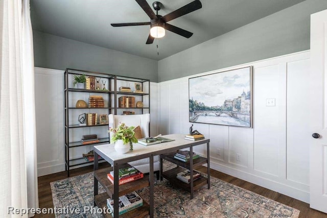 office featuring ceiling fan and dark hardwood / wood-style flooring