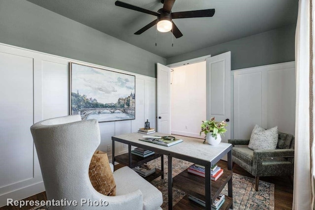 office area with hardwood / wood-style floors and ceiling fan