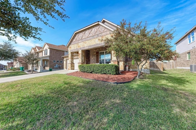 view of front of property with central AC, a front lawn, and a garage