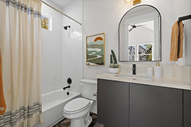 full bathroom with toilet, vanity, shower / tub combo with curtain, and vaulted ceiling