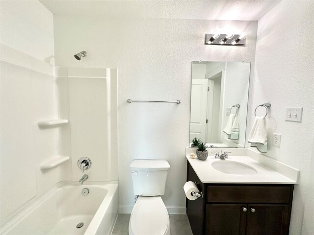 full bathroom featuring shower / tub combination, vanity, and toilet