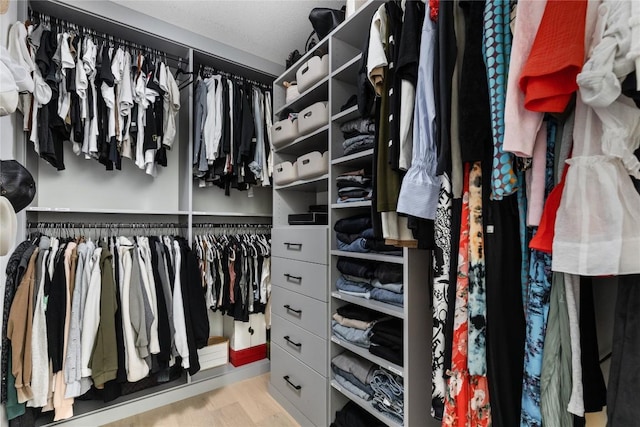 spacious closet with light hardwood / wood-style flooring