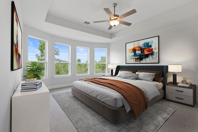 bedroom with a raised ceiling, multiple windows, visible vents, and carpet