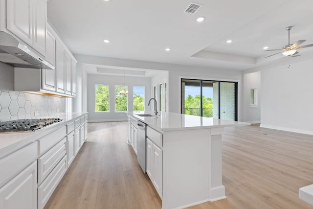 kitchen with a sink, stainless steel appliances, light countertops, under cabinet range hood, and visible vents