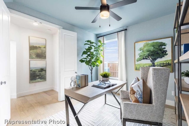 office area featuring ceiling fan and light hardwood / wood-style floors