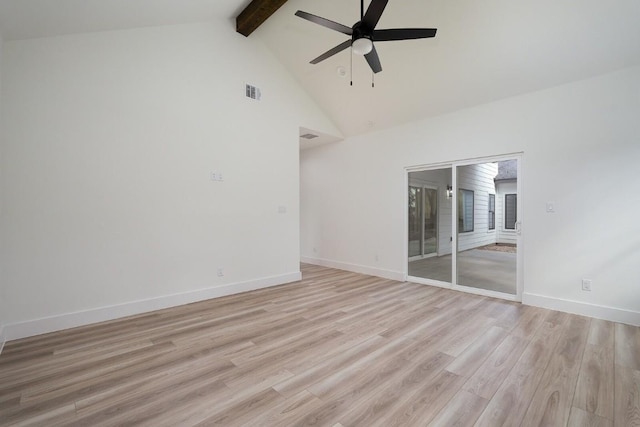 spare room with beamed ceiling, light wood-type flooring, high vaulted ceiling, and ceiling fan