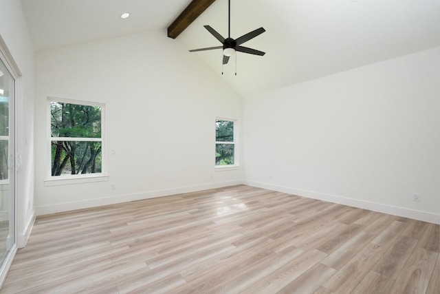 unfurnished room with beam ceiling, light hardwood / wood-style flooring, and plenty of natural light