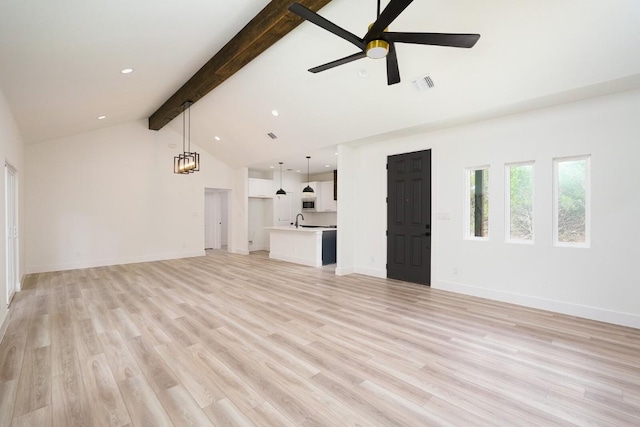 unfurnished living room featuring ceiling fan, light hardwood / wood-style floors, sink, and beam ceiling