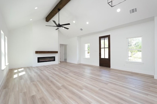 unfurnished living room featuring beam ceiling, ceiling fan, light hardwood / wood-style flooring, and high vaulted ceiling