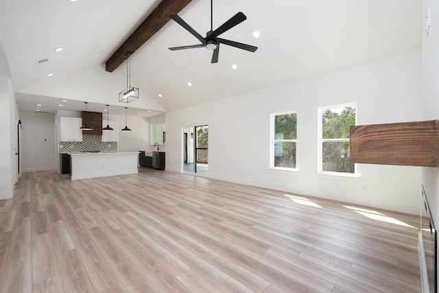 unfurnished living room with beam ceiling, ceiling fan, light hardwood / wood-style flooring, and high vaulted ceiling