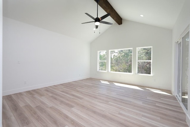 spare room with beamed ceiling, light wood-type flooring, and ceiling fan