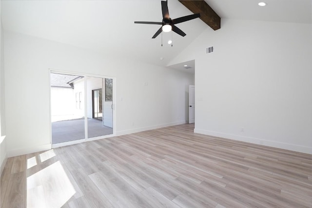 unfurnished living room featuring beam ceiling, ceiling fan, high vaulted ceiling, and light wood-type flooring