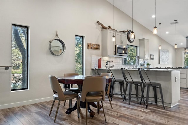 dining room featuring high vaulted ceiling and hardwood / wood-style flooring