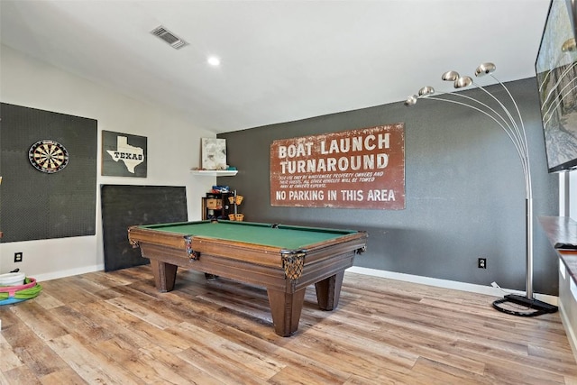 playroom featuring wood-type flooring, billiards, and lofted ceiling