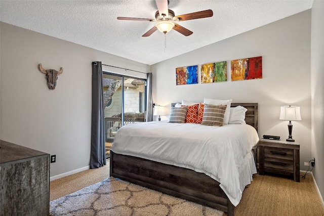 bedroom featuring light carpet, ceiling fan, vaulted ceiling, access to outside, and a textured ceiling