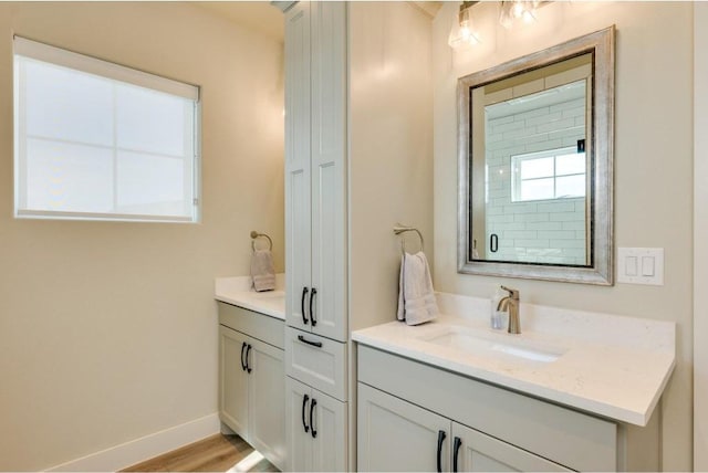 bathroom with hardwood / wood-style flooring and vanity