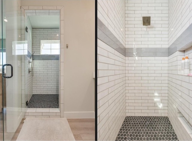 bathroom with wood-type flooring and an enclosed shower