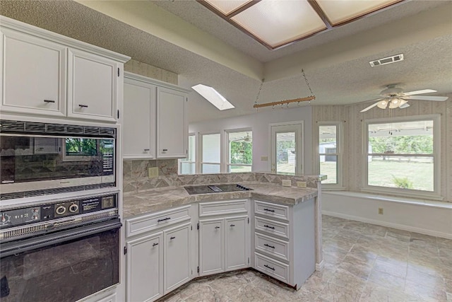 kitchen with white cabinets, plenty of natural light, ceiling fan, and black appliances