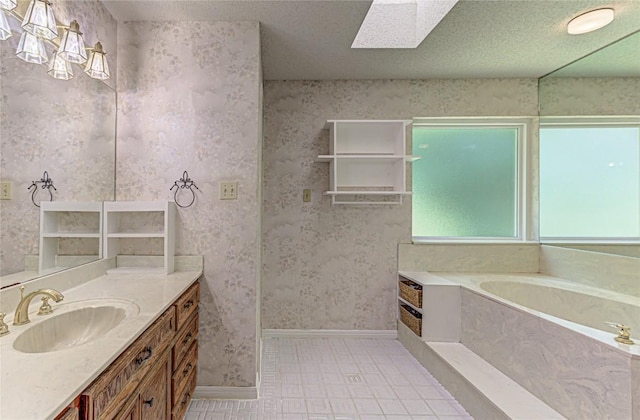 bathroom featuring a skylight, a bathtub, vanity, and a textured ceiling