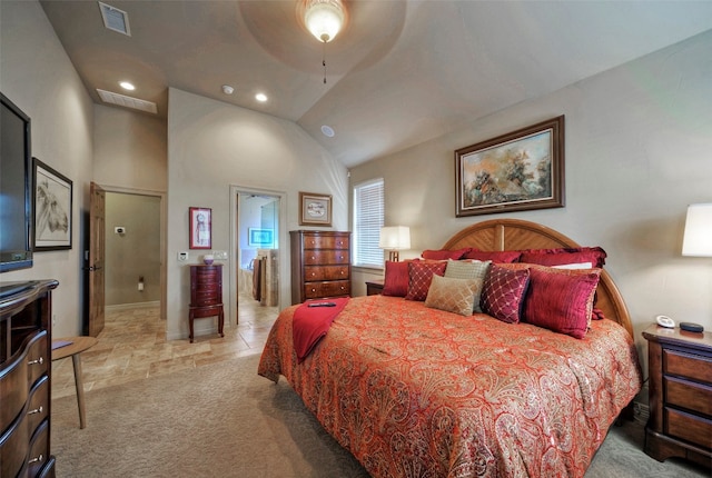 bedroom featuring ceiling fan and high vaulted ceiling