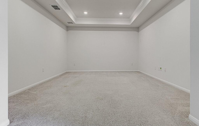 carpeted spare room featuring a tray ceiling and crown molding