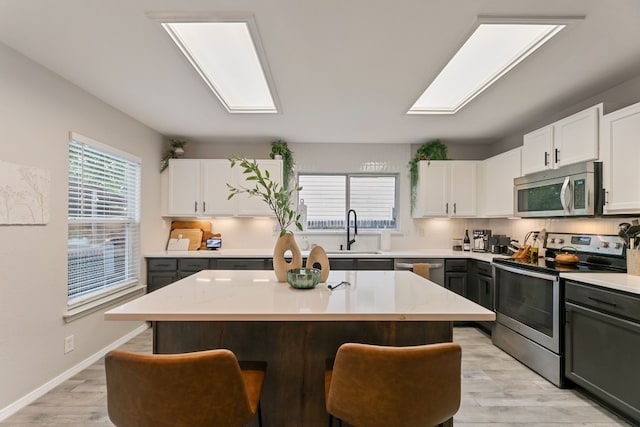 kitchen featuring white cabinets, stainless steel appliances, a kitchen island, and sink