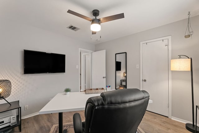 office featuring ceiling fan and light wood-type flooring