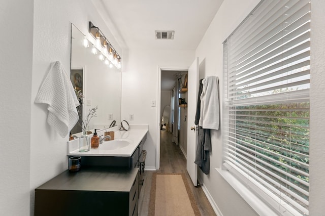 bathroom featuring hardwood / wood-style floors and vanity