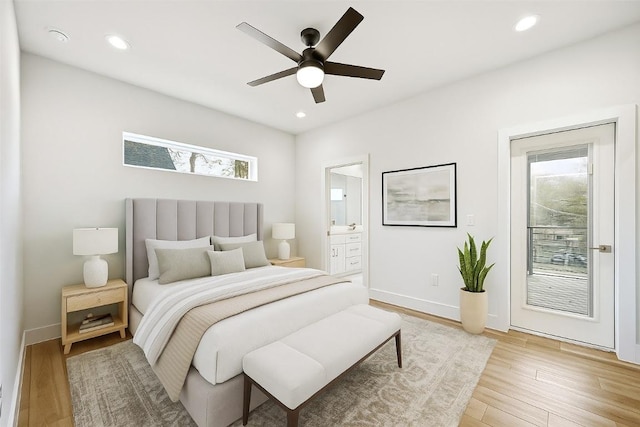 102 W Fawnridge Dr, Austin, TX 78753 - bedroom with access to outside, light wood-type flooring, ensuite bath, recessed lighting, and a ceiling fan