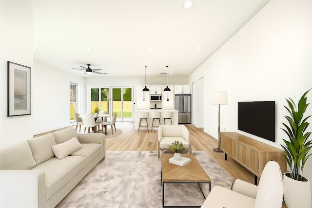 102 W Fawnridge Dr, Austin, TX 78753 - living area featuring a ceiling fan, light wood-style flooring, and recessed lighting