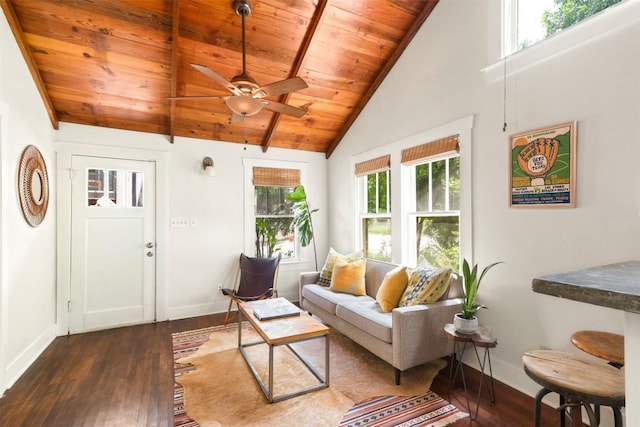 living room featuring plenty of natural light, dark hardwood / wood-style floors, wood ceiling, and lofted ceiling