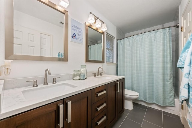 full bathroom with tile patterned floors, vanity, shower / bath combination with curtain, and toilet