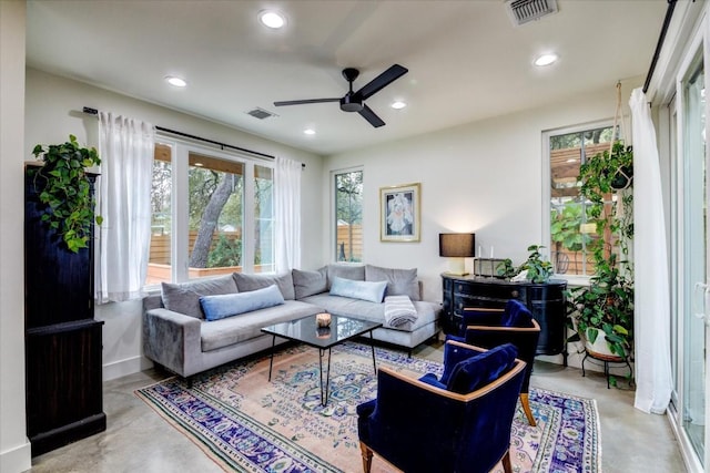 living room featuring ceiling fan