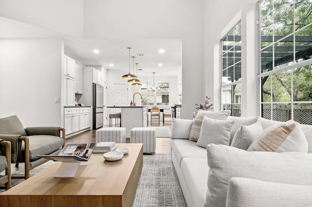 living room with dark hardwood / wood-style floors and sink