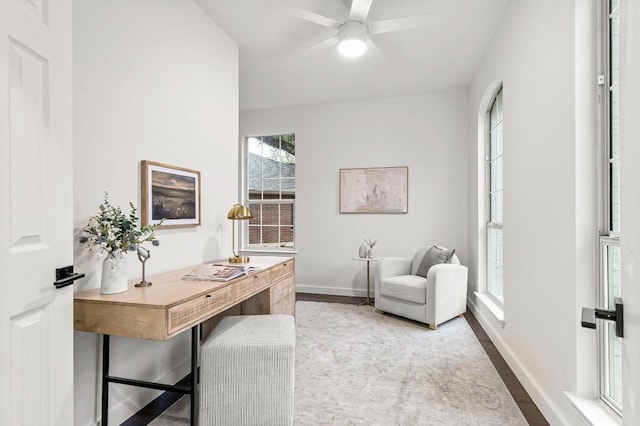 home office featuring wood-type flooring, a wealth of natural light, and ceiling fan